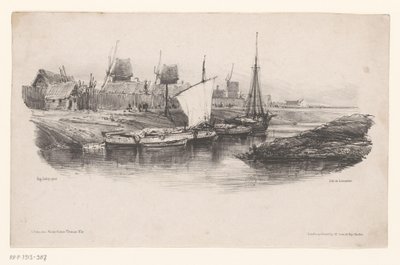 Kikötő csónakokkal és szélmalmokkal Lemez a csatorna Eugène Isabey emlékei (sorozat címe) Eugène Isabey szuvenírjei (sorozat címe) alkotó: Eugene Isabey