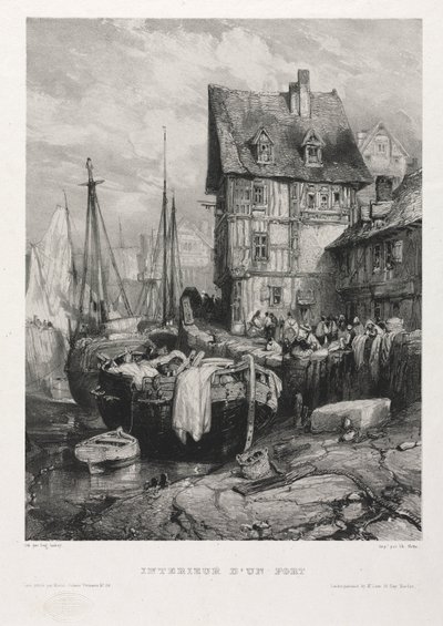Hat tengerészgyalogos: Egy kikötő belseje, 1833. alkotó: Eugene Isabey