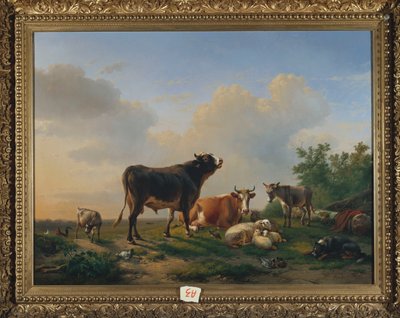 Egy bika, egy tehén, egy szamár, egy kecske, birka és baromfi kiterjedt tájon, 1849 alkotó: Eugene Joseph Verboeckhoven