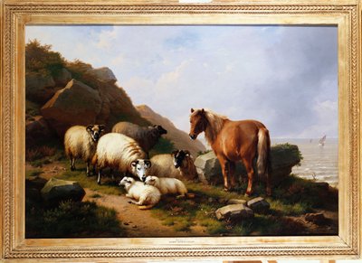 Póni és birka egy sziklán, mögötte vitorlás, 1868 alkotó: Eugene Joseph Verboeckhoven