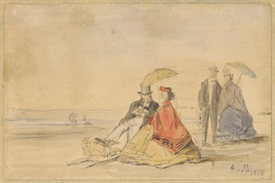 Egy pár ülve és egy pár sétál a tengerparton, 1865. alkotó: Eugene Louis Boudin