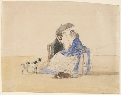 Egy pár ül a tengerparton két kutyával, c. 1865. alkotó: Eugene Louis Boudin