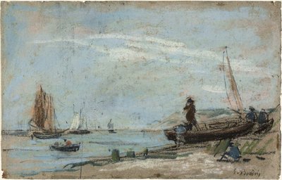 Strand horgászcsónakokkal és szénnel alkotó: Eugene Louis Boudin