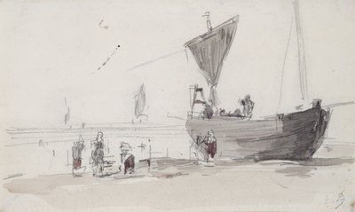 Horgászhajó a tengerparton (ceruza és WC papíron) alkotó: Eugene Louis Boudin