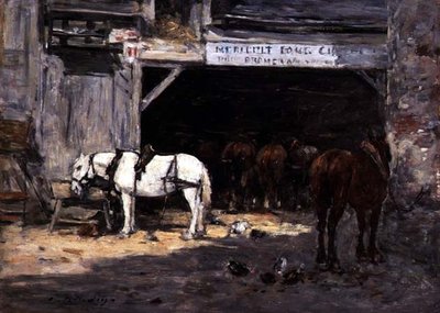 Bérelhető lovak az udvarban, 1885-90 körül (olaj, panel) alkotó: Eugene Louis Boudin