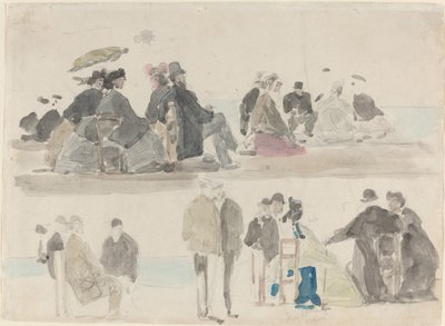 Hölgyek és urak a tengerparton, két regiszterben c. 1865. alkotó: Eugene Louis Boudin