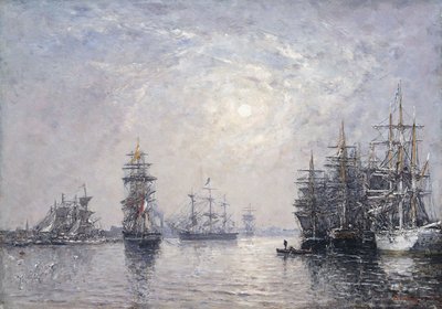 Le Havre, Eure-medence, vitorlások horgonynál, naplemente; Le Havre, Eure-medence, vitorlások horgonynál, lenyugvó nap, 1870 alkotó: Eugene Louis Boudin