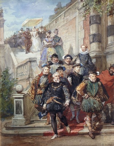 Királyi körmenet lépcsőn lefelé egy kertben, 1869 alkotó: Eugene Louis Lami
