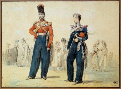 Bálruha: két férfi katonai egyenruhában. Eugene Louis Lami (1800-1890) rajza 19. századi Párizs, Louvre Múzeum alkotó: Eugene Louis Lami