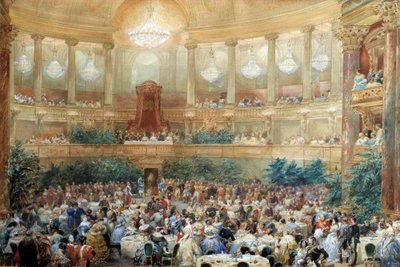 Vacsora, amelyet III. Napóleon kínál Viktória királynőnek az Opera de Versailles-i termében augusztus 25-én alkotó: Eugene Louis Lami