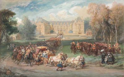 XIV. Lajos az edzőjét vezeti a Versailles-i parkban alkotó: Eugene Louis Lami