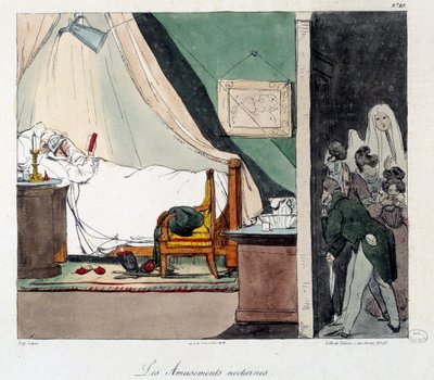 Éjszakai szórakozás. A gyerekek félnek megijeszteni az ágyban olvasó embert. A „La vie de chateau” című könyv illusztrációja. Eugene Louis Lami metszete (1800-1890) alkotó: Eugene Louis Lami
