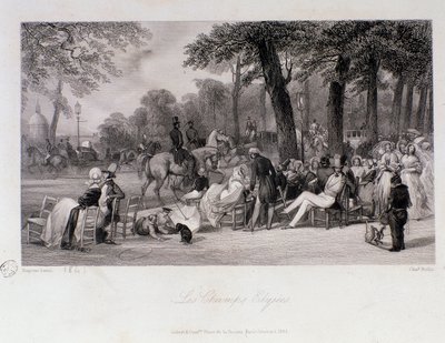Utasok és sétálók a párizsi Champs Elysees-n (Champs-Elysees). Eugene Louis Lami (1800-1890) metszete 1841 Magángyűjtemény alkotó: Eugene Louis Lami