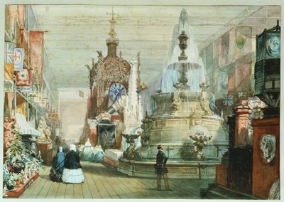 Brit stand a Kristálypalotában megrendezett Nagy Kiállításon, jobb oldalon a Minton standdal, 1851 alkotó: Eugene Louis Lami
