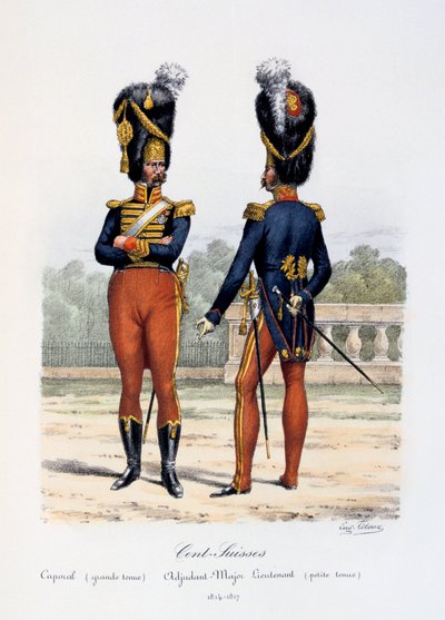 Cent-Suisses, tizedes teljes ruha, hadnagy-főhadnagy vetkőzés, 1814-17 alkotó: Eugene Titeux