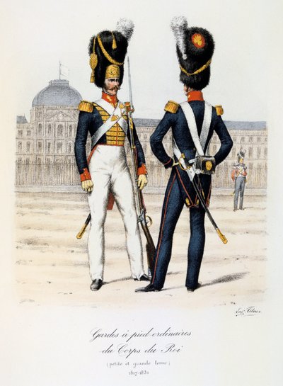 A királyi hadtest rendes lábőrei, kis és teljes ruhában, 1817-30 alkotó: Eugene Titeux