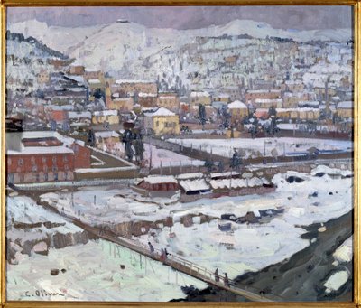 Gének képe a hó alatt, Olaszország (Genoa kilátása a hó alatt, Olaszország) Eugenio Olivari (1882-1917) festménye Dim 73x85 cm Genes, Galleria d