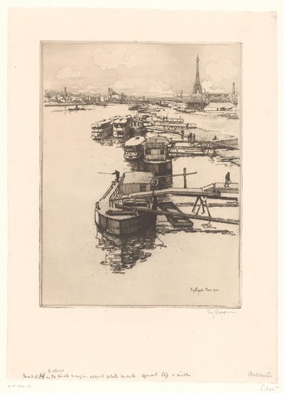 Rakpart omnibuszos hajókkal Párizsban, az Eiffel-torony a háttérben alkotó: Eugène Bejot (signed by artist)