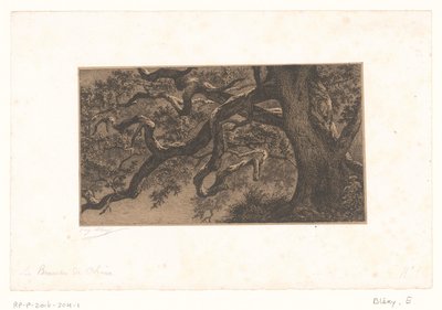 Kastanjetakken Tölgyágak (cím a tárgyon) Kis kilátás a fontainebleau-i erdőre (sorozat címe) alkotó: Eugène Bléry (signed by artist)