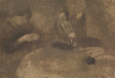 Nők varrnak asztalnál, kb. 1894-96. alkotó: Eugène Carrière