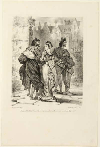 Faust megpróbálja elcsábítani Marguerite-et, a Faustból alkotó: Eugène Delacroix