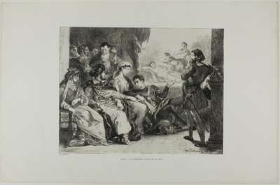 Hamlet ráveszi a színészeket, hogy játsszák el apja megmérgezését, 7. tábla a Hamletből alkotó: Eugène Delacroix