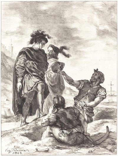 Hamlet és Horatio a sírásók előtt (V. felvonás, I. jelenet) alkotó: Eugène Delacroix