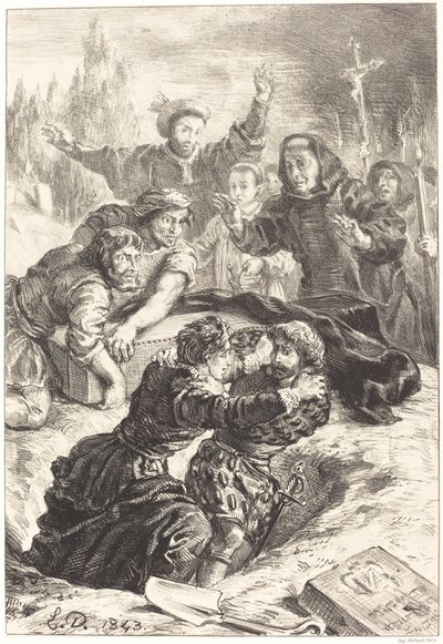 Hamlet és Laertes Ophelia sírjában (V. felvonás, I. jelenet) alkotó: Eugène Delacroix