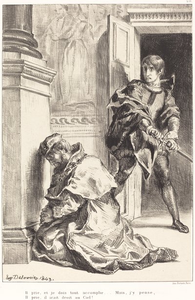 Hamletet megkísértik megölni a királyt (III. felvonás, III. jelenet) alkotó: Eugène Delacroix
