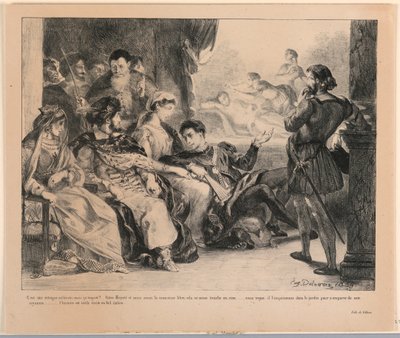 Illusztráció Hamlethez: A játékosok Hamlet apjának halálát ábrázolják (III,2) alkotó: Eugène Delacroix
