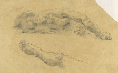 fekvő meztelen férfi; a lábát ismét külön alkotó: Eugène Delacroix