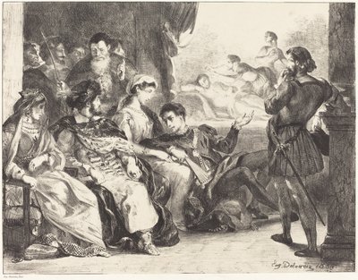 Hamlet apja mérgezését játszó játékosok III. felvonás, II. jelenet, 1835. alkotó: Eugène Delacroix