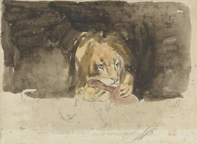 Húsevő oroszlán, elölről nézve, sötét háttér előtt jön ki alkotó: Eugène Delacroix