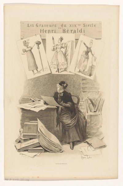 Nő nézi a képeket az íróasztal mögött Címlap ehhez: Henri Béraldi, Les engravers du XIXe siècle, 1899 alkotó: Eugène Gaujean