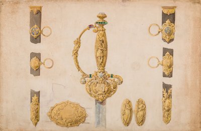 Tervezés kardmarkolathoz, hüvelyhez és övszerelvényekhez, kb. 1840-50. alkotó: Eugène Julienne.