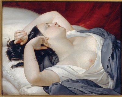 Alvó olasz nő. Gyönyörű nő csukott szemmel, fedetlen mellekkel, kéjesen alszik az ágy szélén. Eugene Pluchart (1809-1880) festménye, olaj, vászon, 1840 körül. Francia művészet alkotó: Eugéne Pluchart