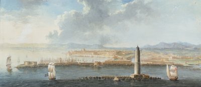 Kilátás egy kikötőre a tengerről, valószínűleg Livorno (toll, barna tinta és gouache) alkotó: European School