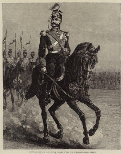 XII. Alfonz, spanyol király a 15. Schleswig-Holstein ulánusok egyenruhájában (metszet) alkotó: European School