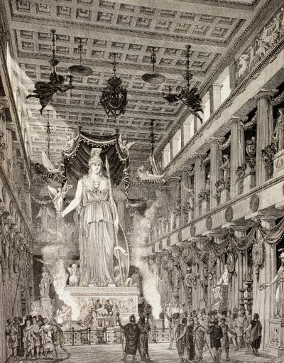 A művész benyomása Athéné istennő szobráról az athéni Parthenonban, a klasszikus időszakban, az „El Mundo Ilustrado”-ból, Barcelona, 1880 (litho) alkotó: European School