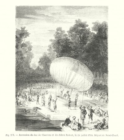 Chartres hercegének mennybemenetele és a Robert fivérek, 1784. július 15., Indulás Saint-Cloudból (metszet) alkotó: European School