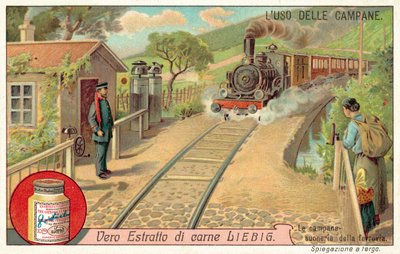 Harangok figyelmeztetnek a közeledő vonatokra egy vasúti átjárónál (chromolitho) alkotó: European School