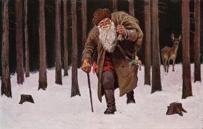 Karácsonyi üdvözlőlap, a Mikulás a hóban, ajándékokkal teli zsákkal, háttérben szarvas (színes litográfia) alkotó: European School