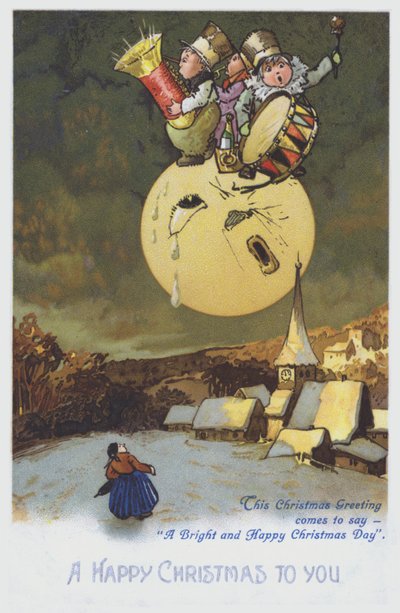 Karácsonyi üdvözlőlap, amely egy zenészzenekart ábrázol a Holdon egy havas város felett. (chromolitho) alkotó: European School