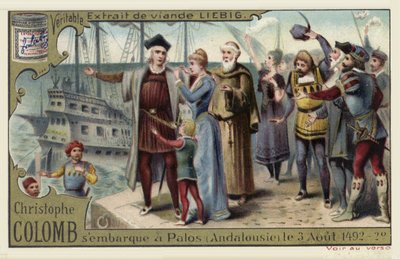 Kolumbusz Kristóf útjára indul az Újvilágba, Palosban, Spanyolországban, 1492. augusztus 3. alkotó: European School