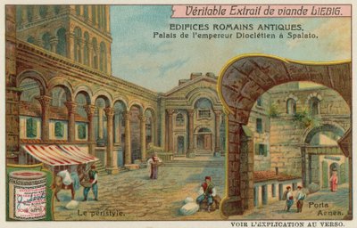 Diocletianus palota Splitben, Horvátországban, a kolonnád és a déli tengeri kapu részleteivel (chromolitho) alkotó: European School