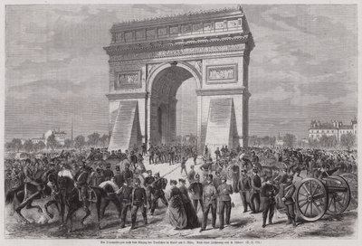 Német katonák a párizsi Diadalívnél, miután győzelmet arattak a francia-porosz háborúban, 1871. március 2. (metszet) alkotó: European School