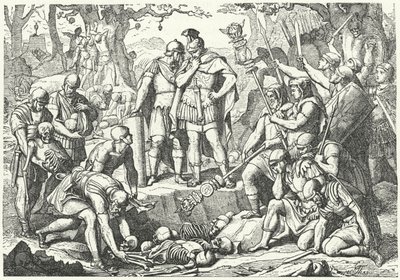 Germanicus eltemeti a Publius Quinctilius Varus által irányított három római légió katonáinak csontjait, akiket a germánok pusztítottak el a teutoburgi erdői csatában Kr.e. 9-ben (metszet) alkotó: European School