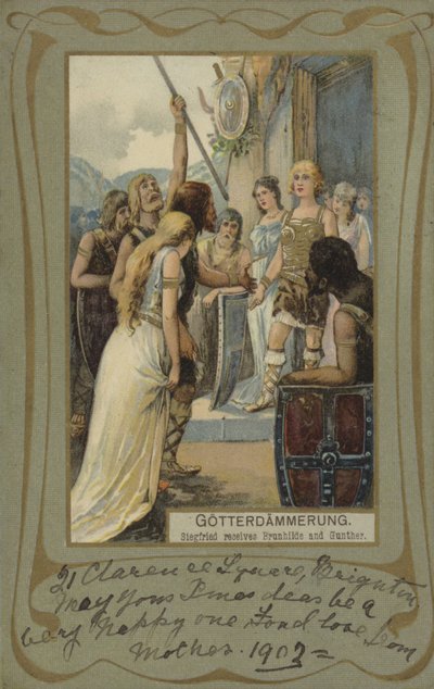 Gotterdammerung, Siegfried fogadja Brunhildét és Günther-t (színes litográfia) alkotó: European School
