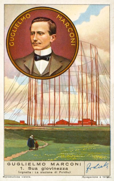 Guglielmo Marconi, olasz feltaláló és a rádiózás úttörője, és a cornwalli Poldhuban lévő rádióállomása (kromolito) alkotó: European School