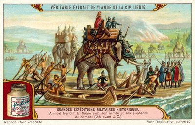 Hannibál átkel a Rhone-on seregével és elefántjaival, ie 218 (chromolitho) alkotó: European School